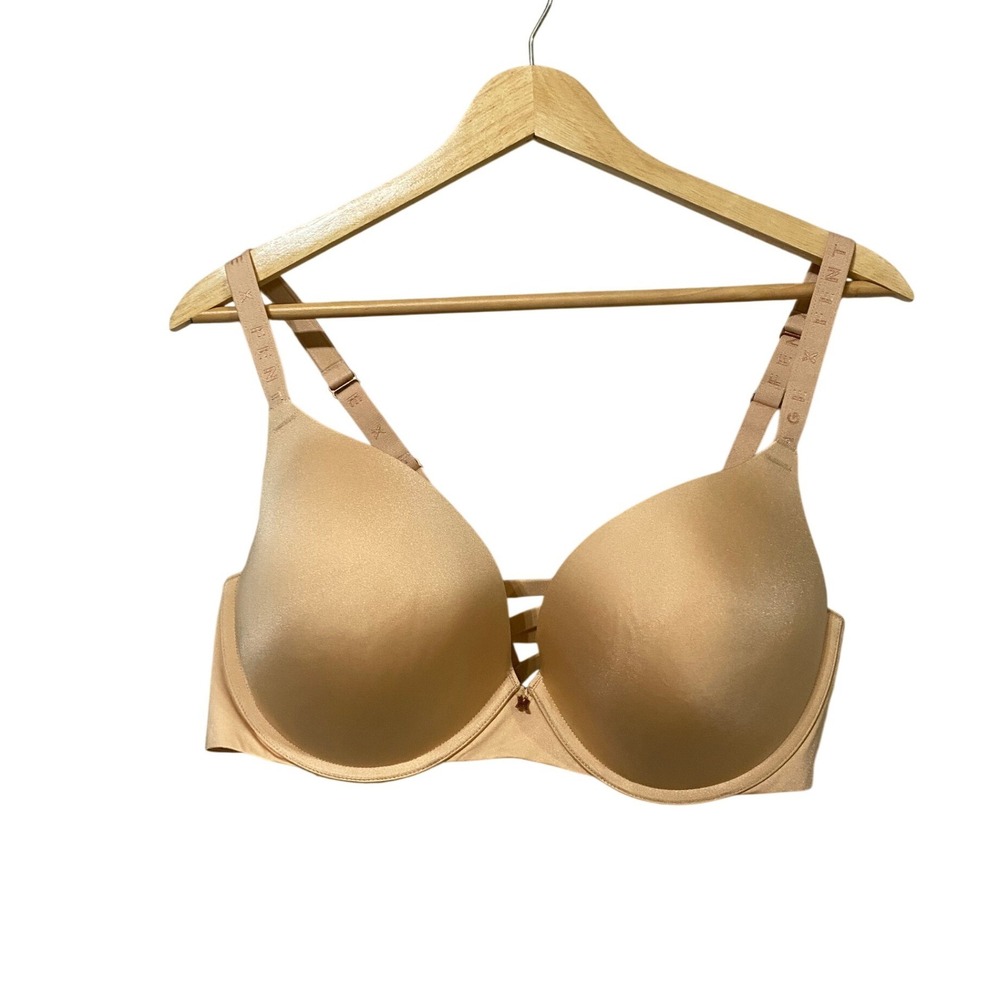 Savage X Fenty Nude Beige T-Shirt Underwire Bra 42D Logo Strap Rose Gold Charm